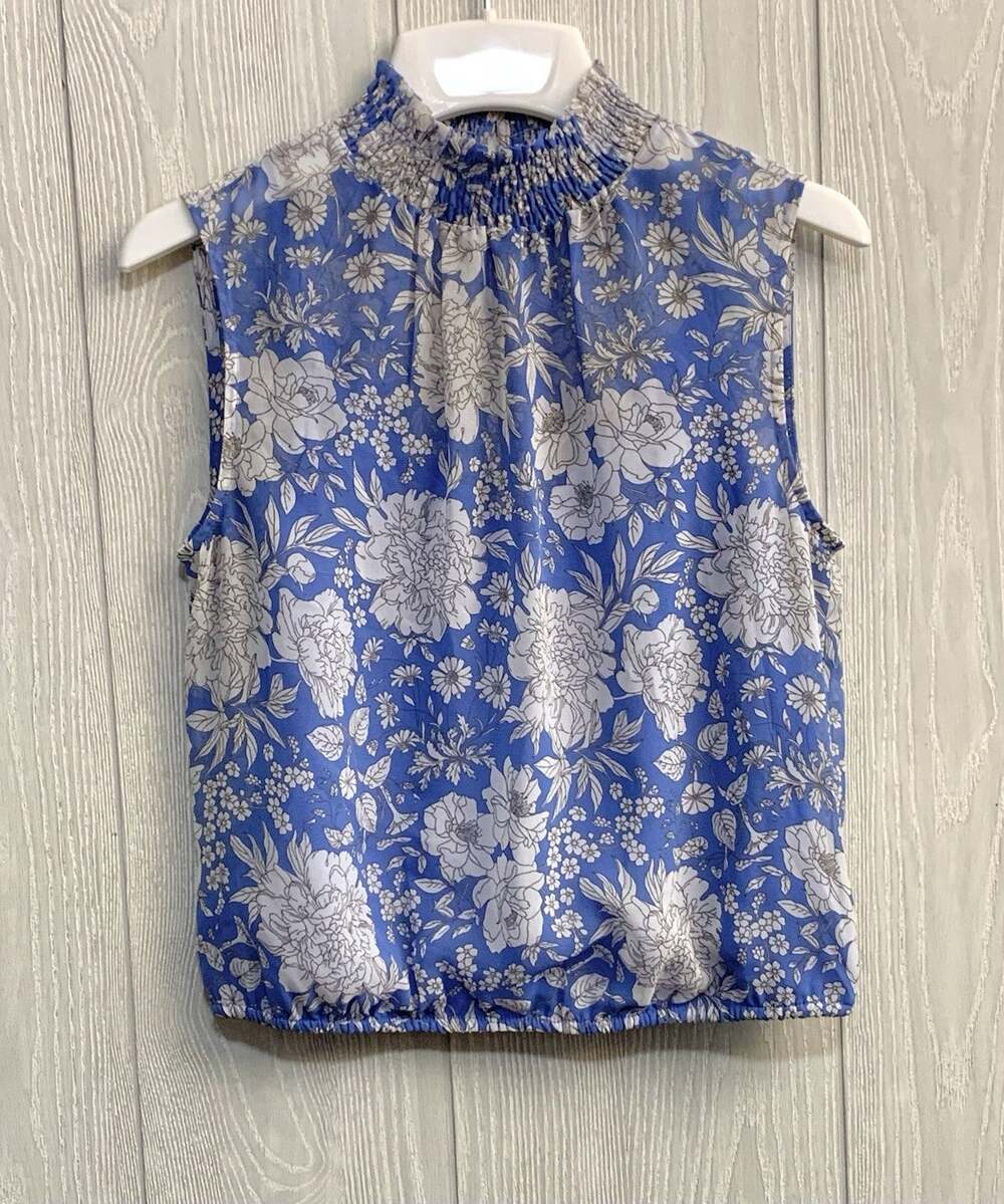 Express Blue Floral Sheer Sleeveless Top XS